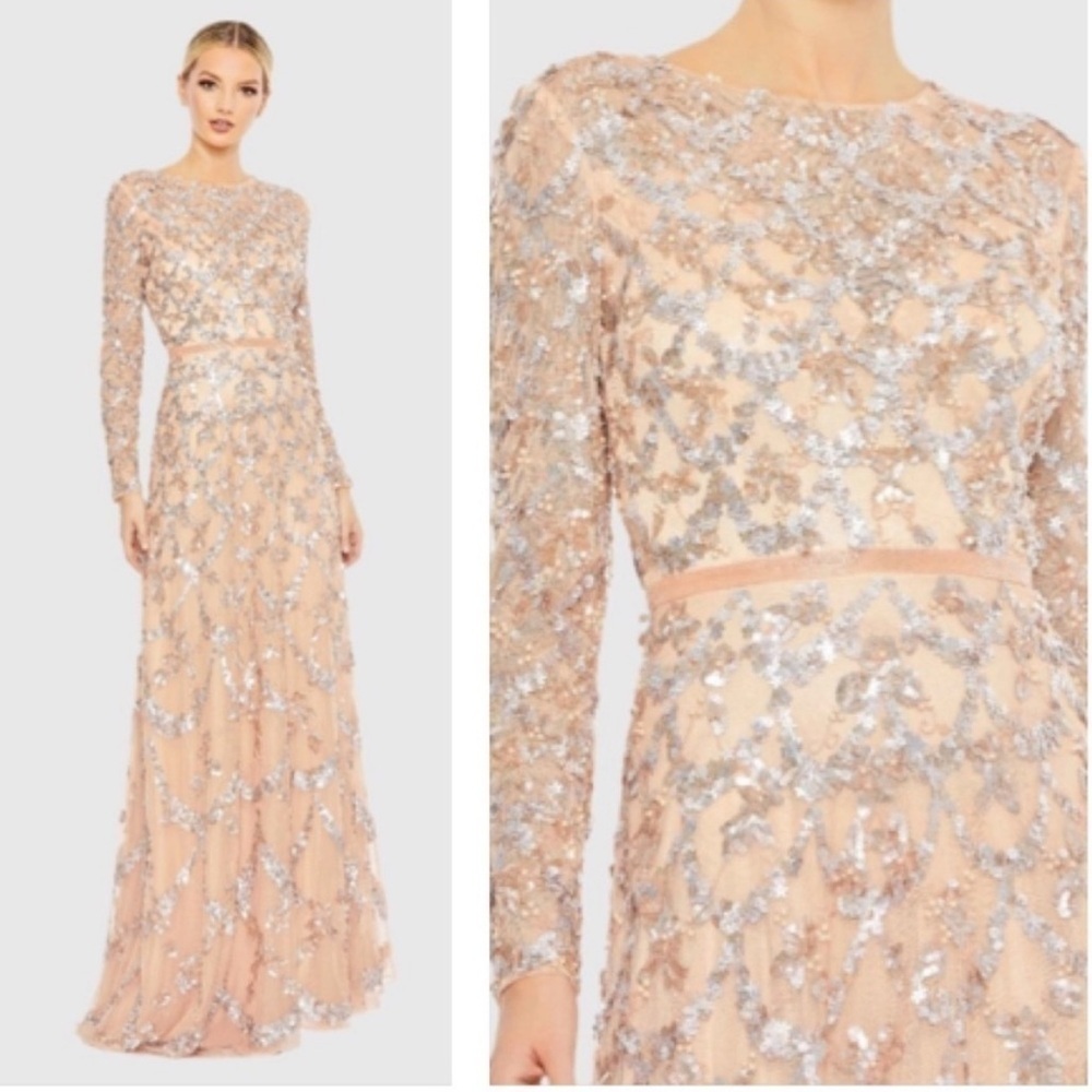 NWT Mac Duggal 5496 Embellished Illusion High Neck Long Sleeve A Line Gown 14